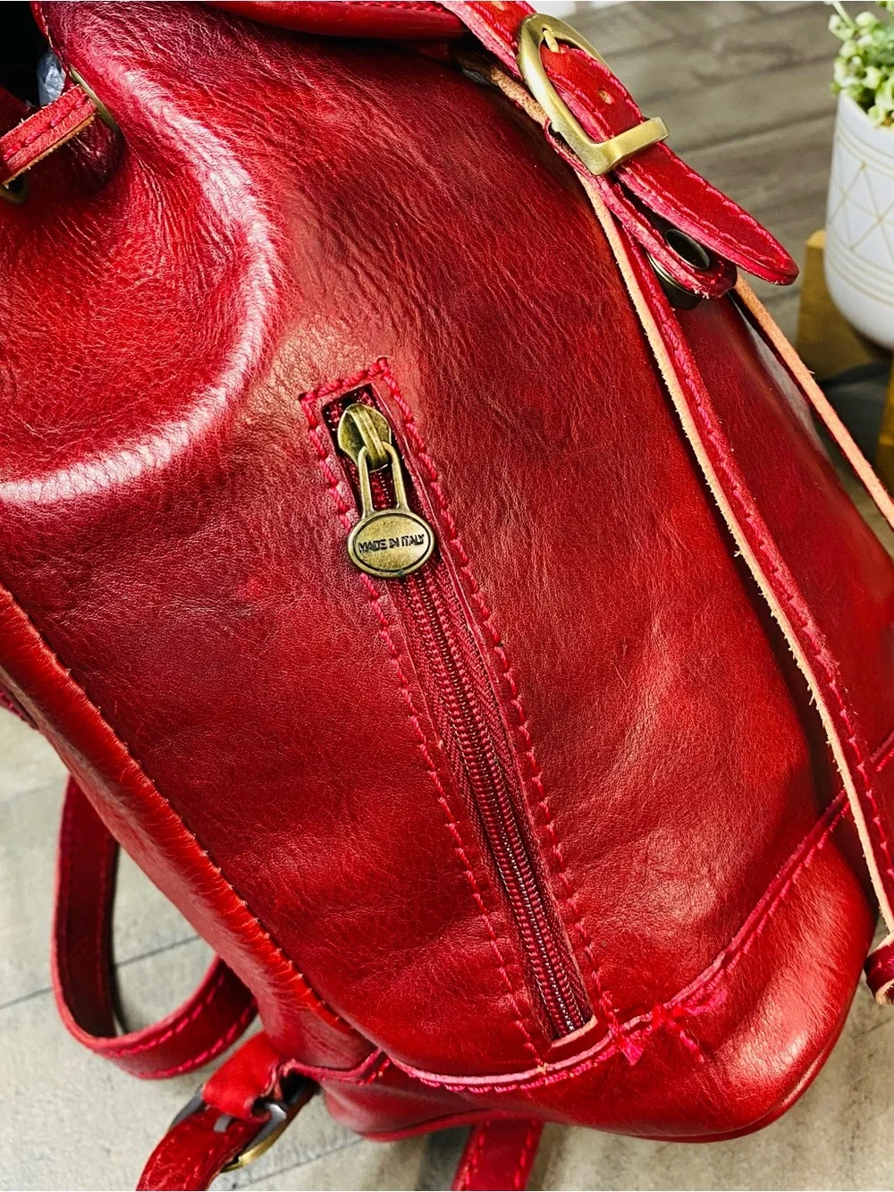 Vera Pelle Italian Red Leather Mini Backpack Vintage Drawstring Flap Bag Italy